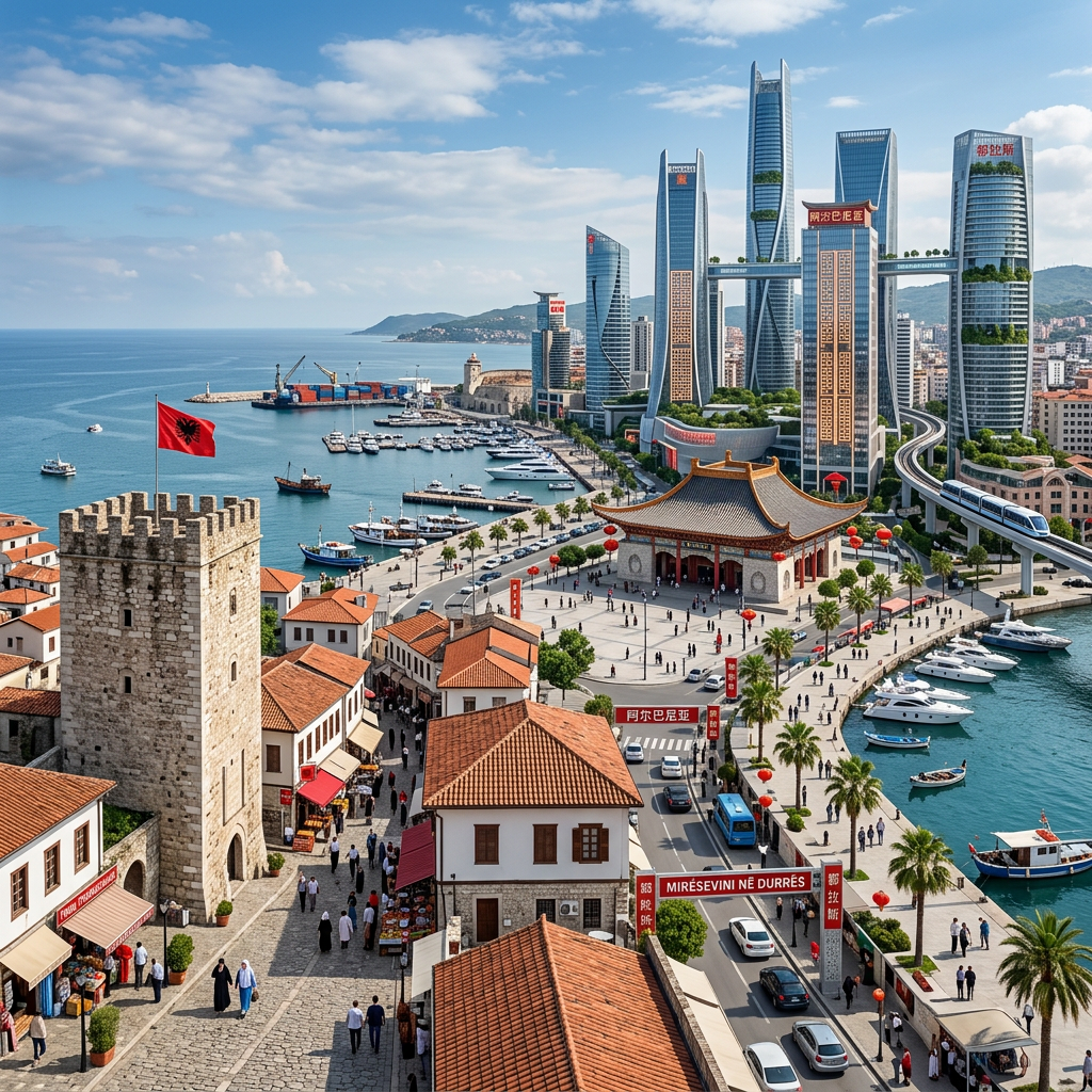 Futuristic harbor city with Albanian flag, historic tower, temple, and skyscrapers