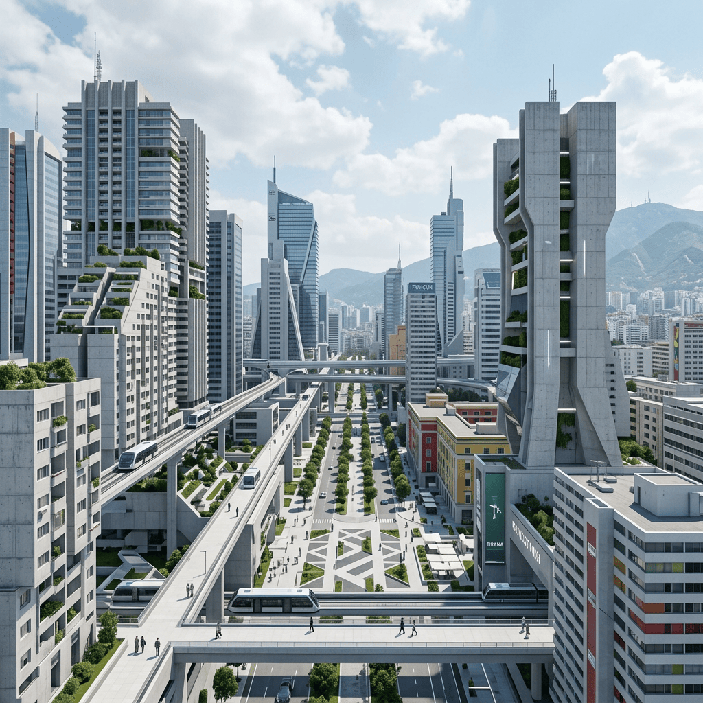 Modern city with elevated trains, skyscrapers, tree-lined streets, and mountains